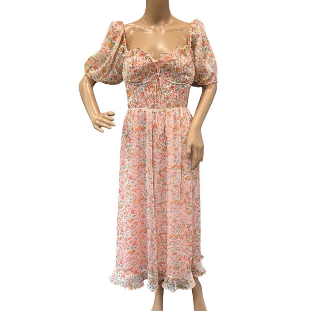 ASTR The Label Lunaria Pleated Midi Dress Orange Green Floral Chiffon Size M - Picture 2 of 15